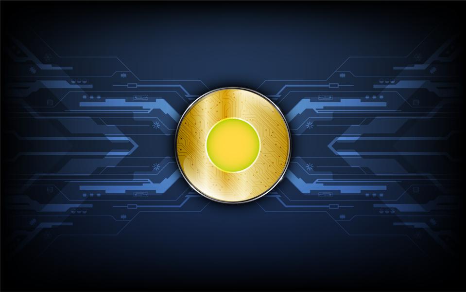 digital golden coin on data transfer tech concept background eps 10 vector