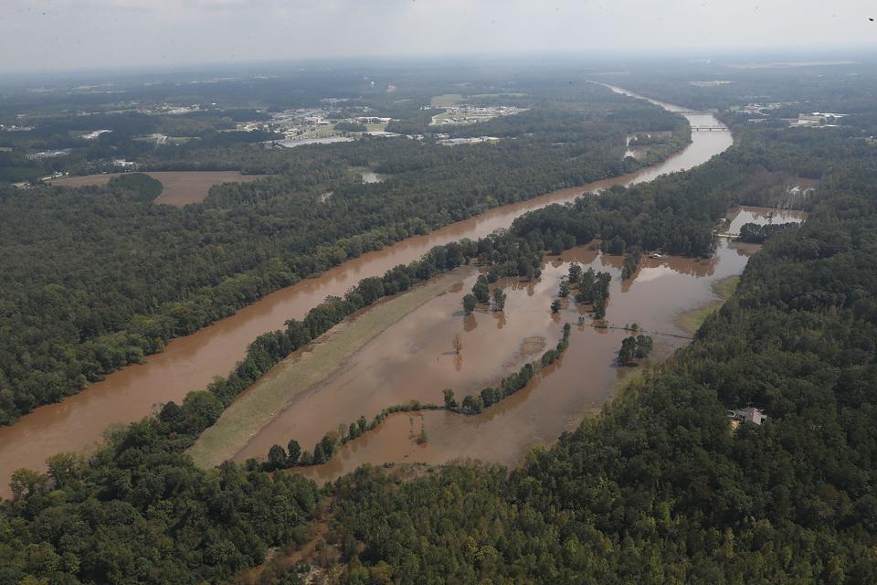 The Cape Fear river is visible on September 20, 2018 in Lillington, North Carolina. The river fell to 61.4 feet a day ago from the rains caused by Hurricane Florence, which brought heavy rains that caused concern for major flooding in the North Carolina and South Carolina areas. (Photo by Joe Raedle / Getty Images)
