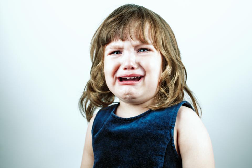 Crying toddler girl's studio portrait