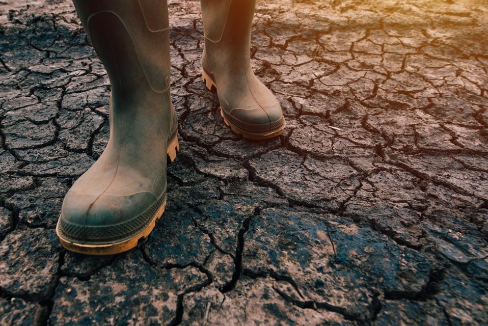Agricultor con botas de goma caminando sobre tierra seca