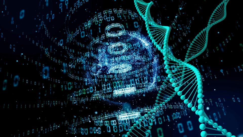 Genetic engineering and digital technology concept.