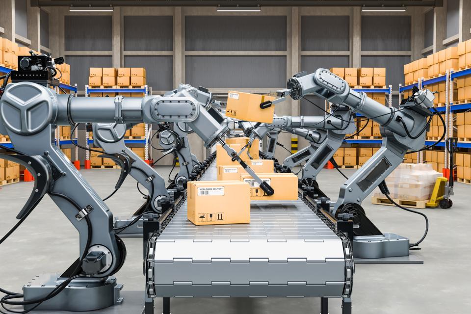 Automatic warehouse with robotic arms, 3D rendering