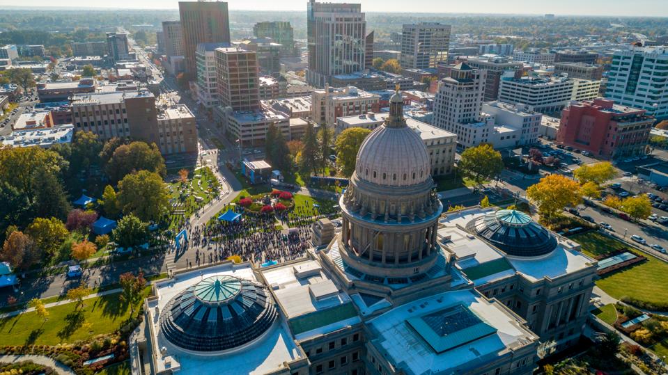 Gathering in front of the capital building in Boise Idaho on an autumn day