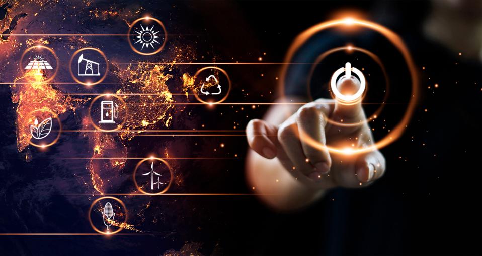 Finger pressing power button with energy resources icon on earth at night background. Earth day. Environment and conservation. Energy saving concept. Elements of this image furnished by NASA