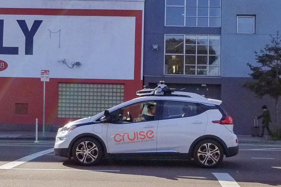 A Cruise self-driving car doing a test route in San Francisco in January 2019.