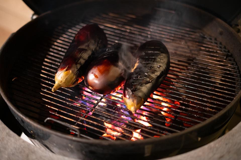 Eggplant cooking on barbecue