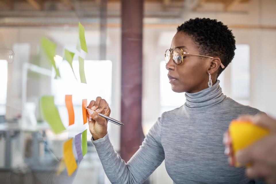 Business people brainstorming using sticky notes