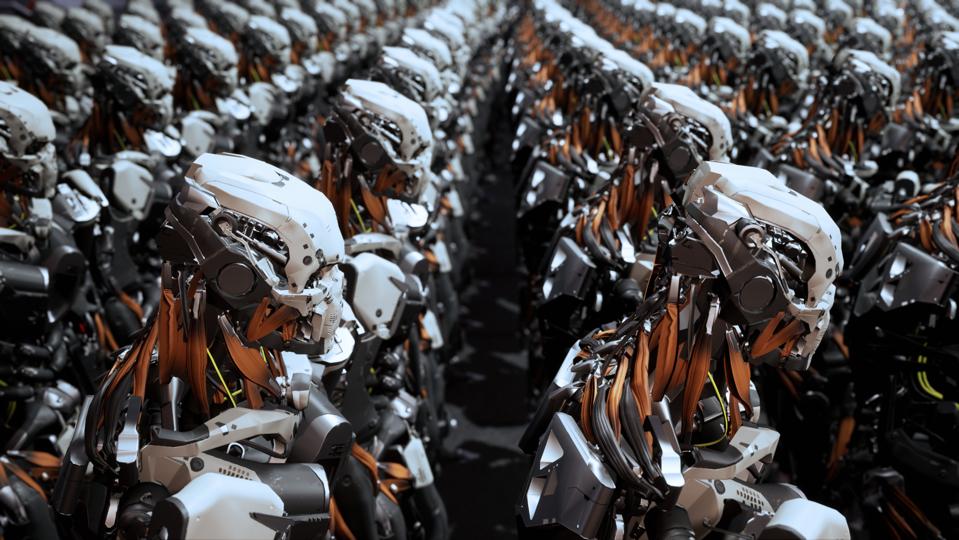 The camera flies past a detachment of robot soldiers on a spaceship. 3D Rendering