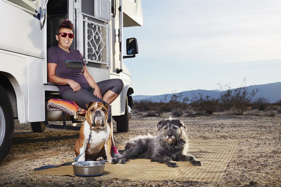 Portrait of mid adult woman and two dogs sitting on camper van step, Borrego Springs, California, USA
