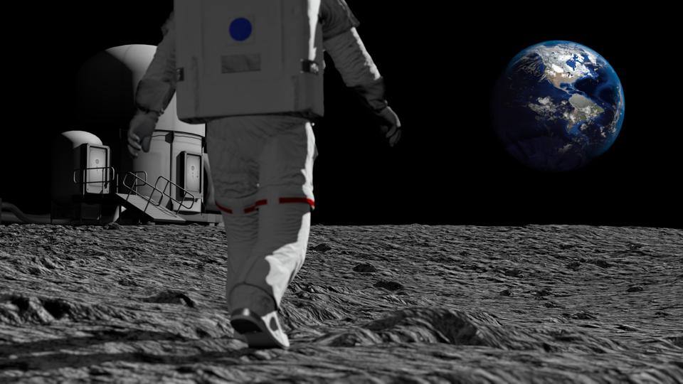 Astronaut walking on the moon and admiring the beautiful Earth. CG Animation. Elements of this image furnished by NASA. 3D rendering