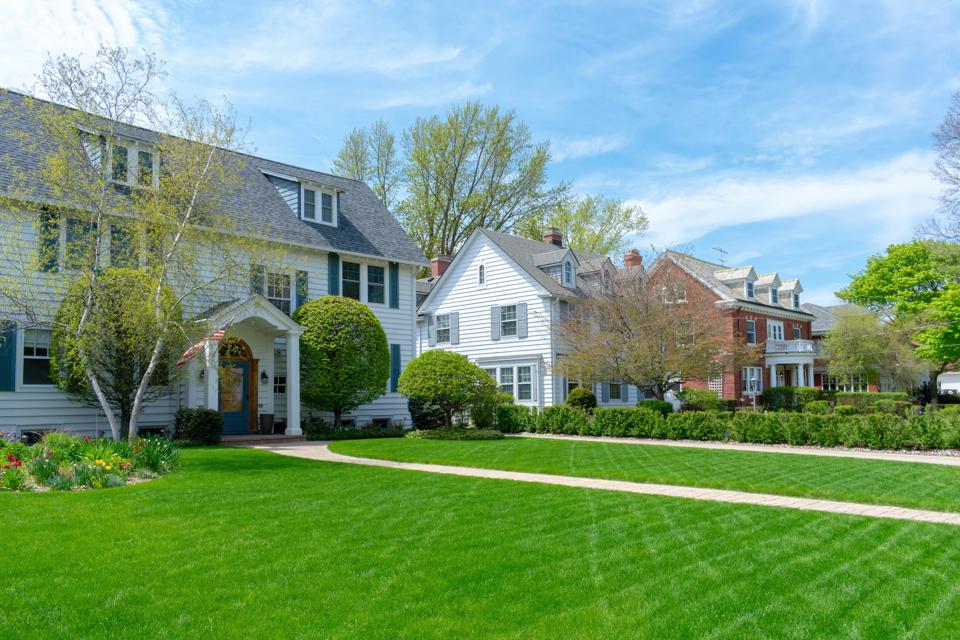 Large green lawn in a traditional suburban residential area