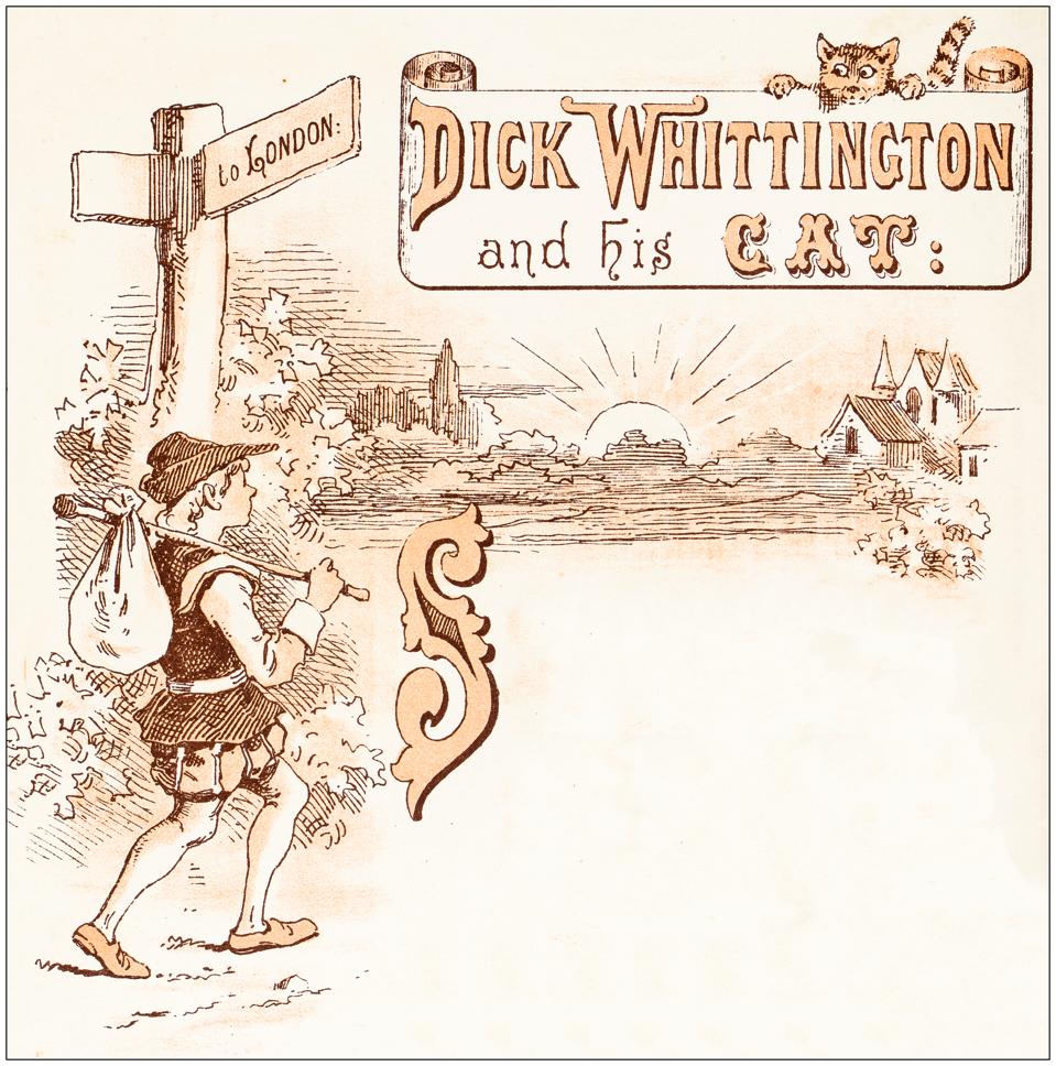 Antique illustration from fables picture book: Dick Whittington and his cat