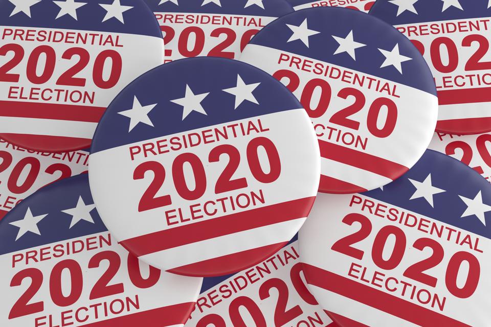Pile of 2020 Presidential Election Buttons With US Flag, 3d illustration