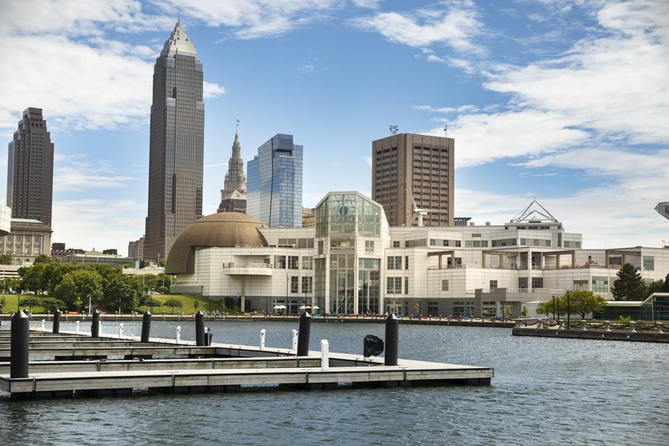 Downtown Cleveland city skyline in Ohio USA