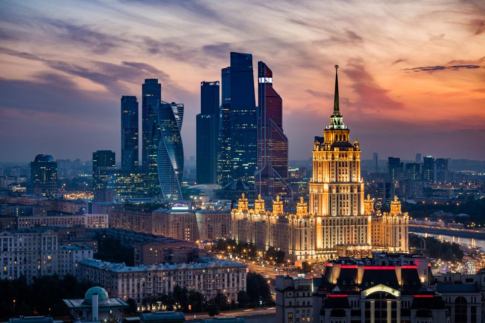 Moscow City Skyline and International Business Center at Sunset, Moscow, Russia
