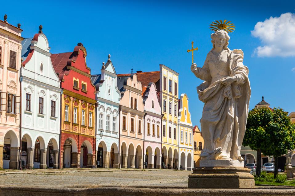 Main square of Telc city, a UNESCO World Heritage Site, in South Moravia, Czechia