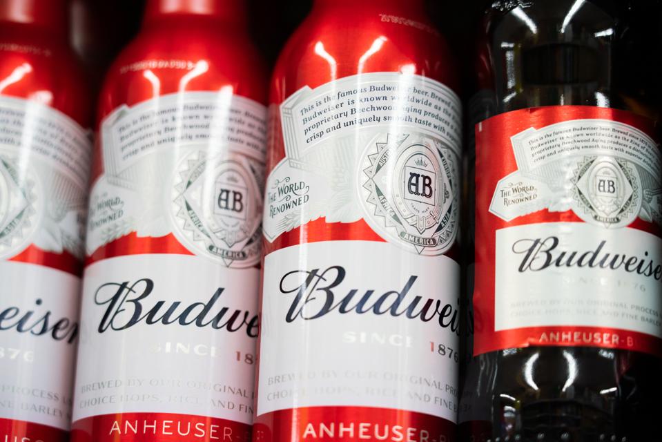 Budweiser beer bottles displayed for sale in a Carrefour...