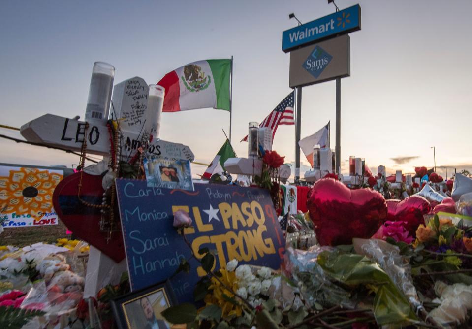 A makeshift memorial for victims of the shooting that left a total of 22 people dead at the Cielo Vista Mall Walmart in El Paso, Texas.