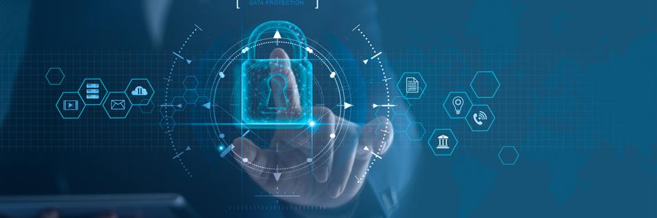 Cyber security network. Padlock icon and internet technology networking. Businessman protecting data personal information on tablet and virtual interface. Data protection privacy concept. GDPR. EU.