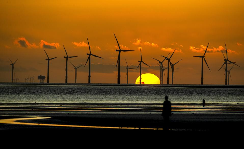 Burbo Bank wind farm at Crosby Beach on Merseyside in north west England.