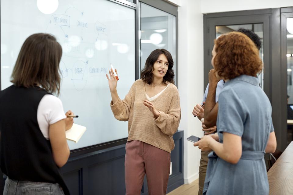 Businesswoman explaining plan to colleagues