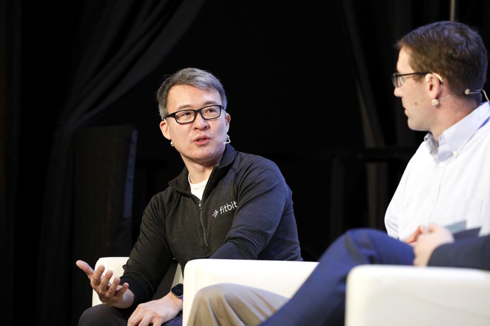 Fitbit cofounders James Park and Eric Friedman speak onstage during TechCrunch Disrupt San Francisco 2019.