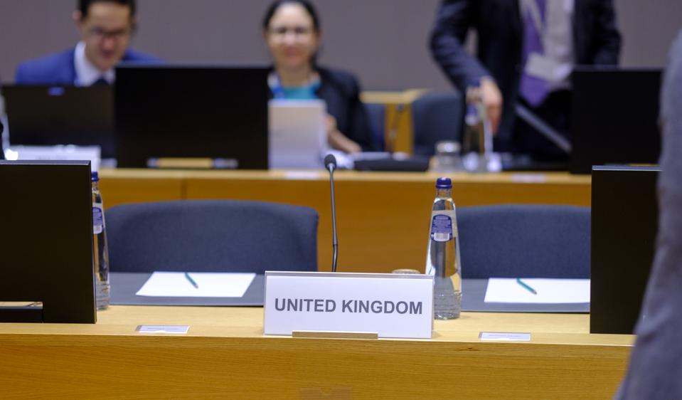 Empty U.K. desk at the EU Environment Council Ministers meeting, December 19, 2019.