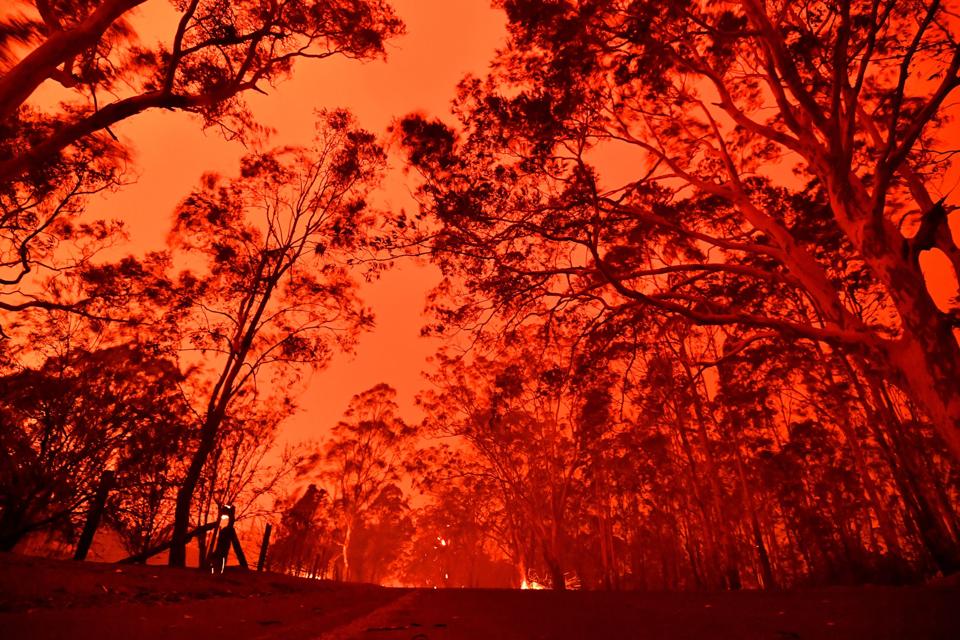 The afternoon sky glows red from bushfires December 31 near the town of Nowra in New South Wales.