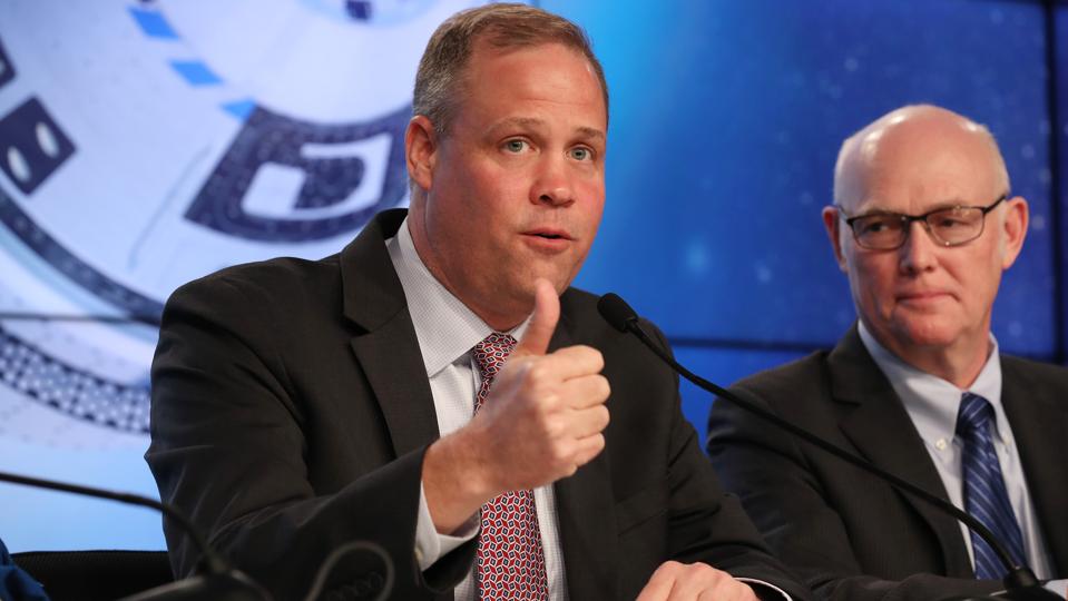 Jim Bridenstine, NASA Administrator, and Tory Bruno, President and CEO, United Launch Alliance, speak to the media after the Boeing Starliner incident on December 20, 2019 in Cape Canaveral, Florida. (Photo by Joe Raedle/Getty Images)
