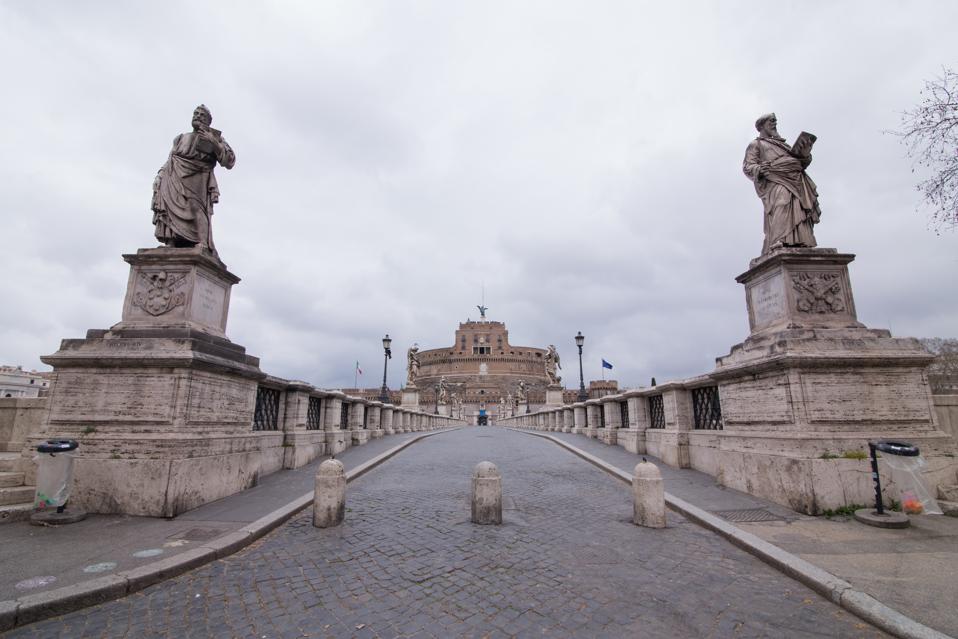 Empty street of Castel Sant'Angelo in Rome after the Italian...
