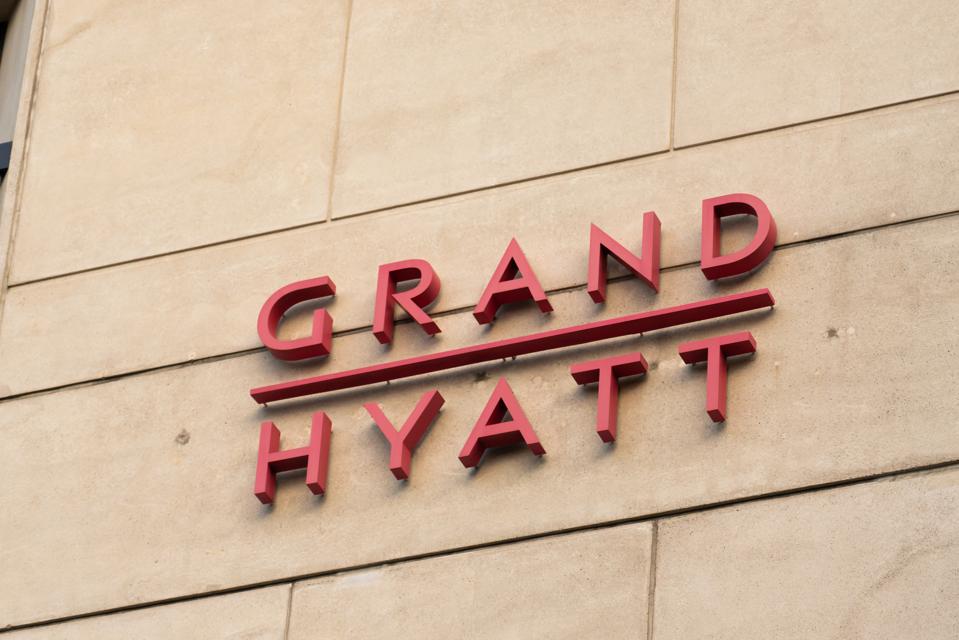 A view of the Grand Hyatt hotel logo seen at one of their...