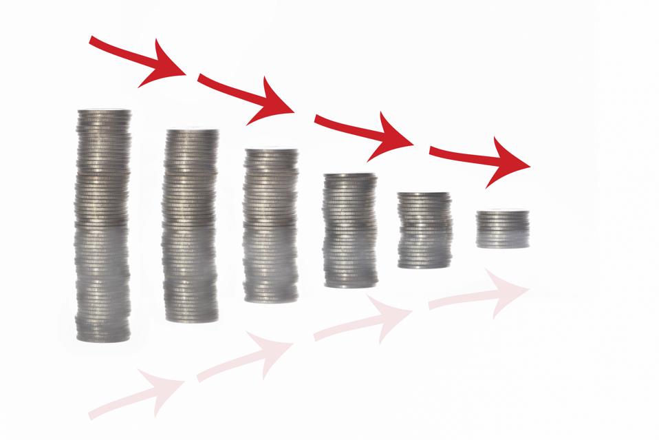 Stack of coins and red arrow with reflection on white background
