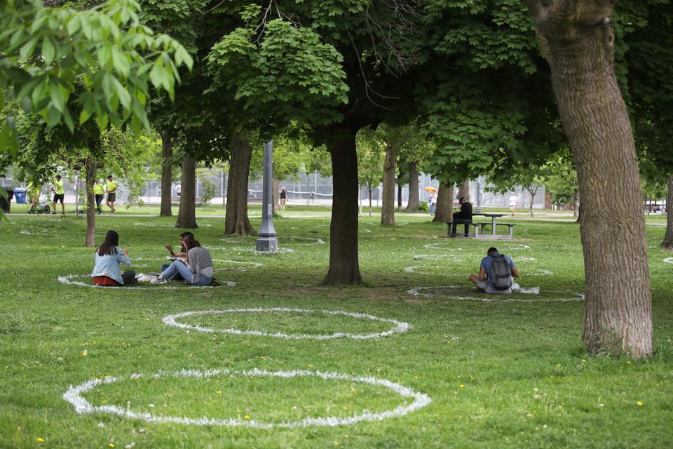 People sit in pre-drawn circles in a park in Toronto