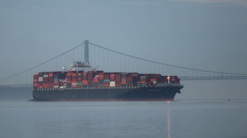 Cargo Ship Arrives in Port in Jersey City, New Jersey