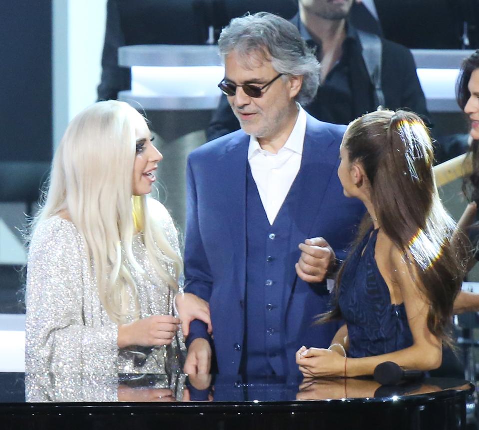 Lady Gaga and Andrea Bocelli. (Photo by Michael Tran/FilmMagic)
