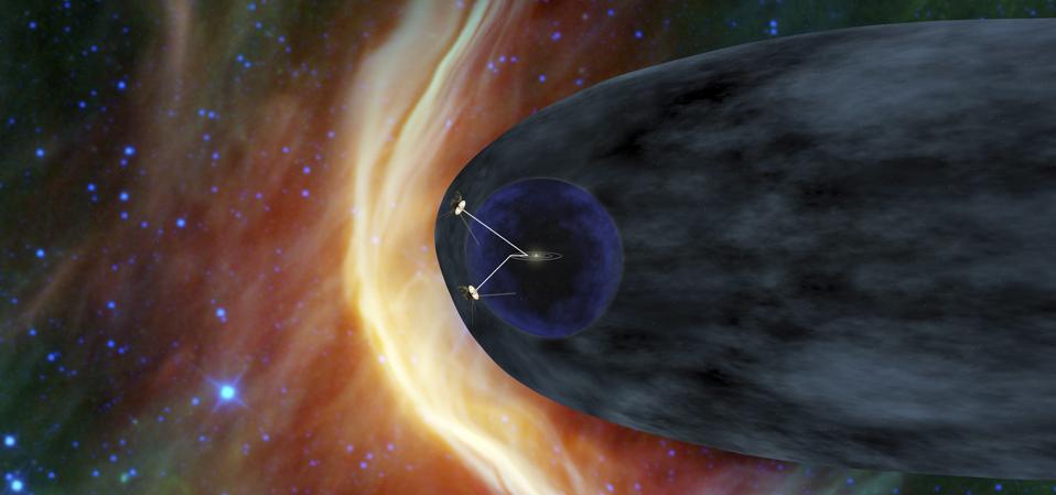 NASA's two Voyager spacecraft exploring a turbulent region of space.