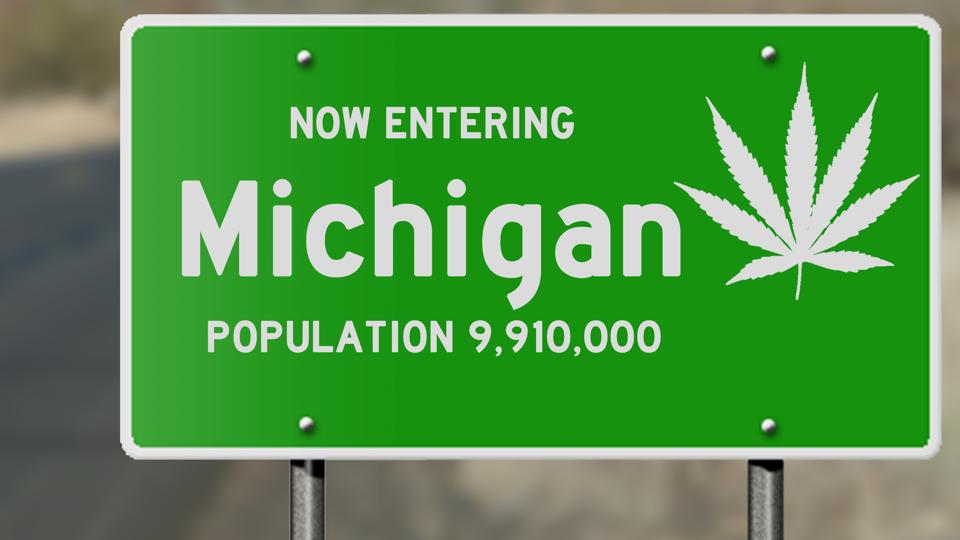 Michigan highway sign with marijuana leaf