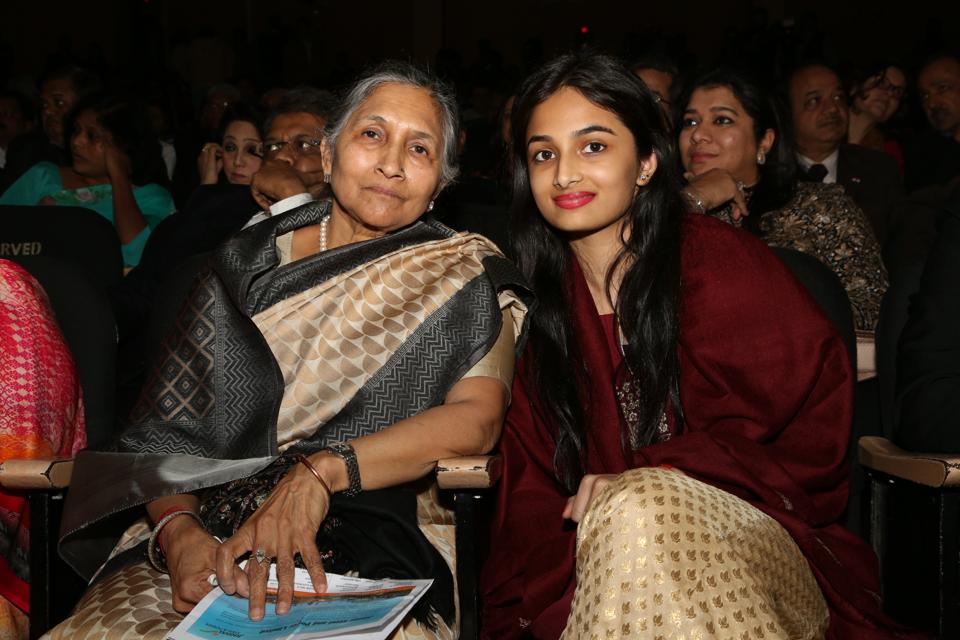 Savitri Jindal and her granddaughter Yashasvini Jindal at an award ceremony in New Delhi in 2016.