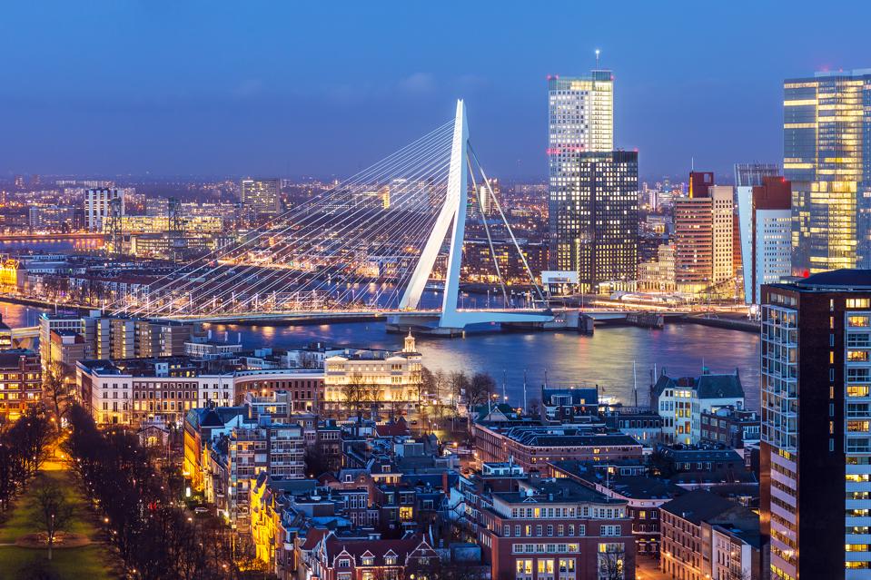 Erasmus Bridge at twilight in Rotterdam, The Netherlands