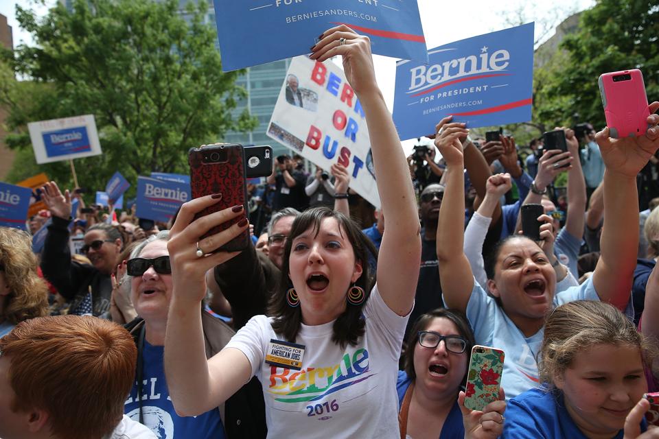 People listen as Democratic presidential candidate and U.S. Sen. Bernie Sanders (D-VT) speaks during... [+] a rally at the Indiana state Capitol on April 29, 2016 in Indianapolis, Indiana. (Photo by Joe Raedle/Getty Images)