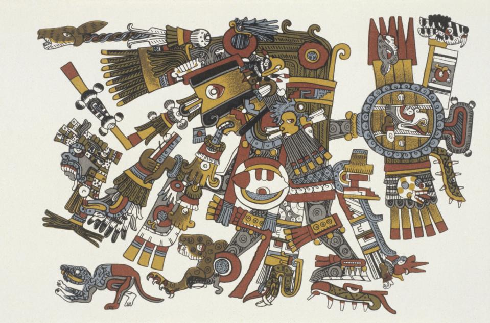 prehispanic america, high culture regions, mexico, mesoamerica: art objects, religion: Codex Borgia (Aztec/Mixtec, Puabla/Cholula region) pictorial manuscript (augural calendar 'Tonalamatl) of eraly 16th cent.. Plate 17 - God 'Yayauhqui Tezcatlipoca