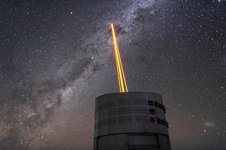 The four beams emerging from the new laser system on Unit Telescope 4 of the VLT.