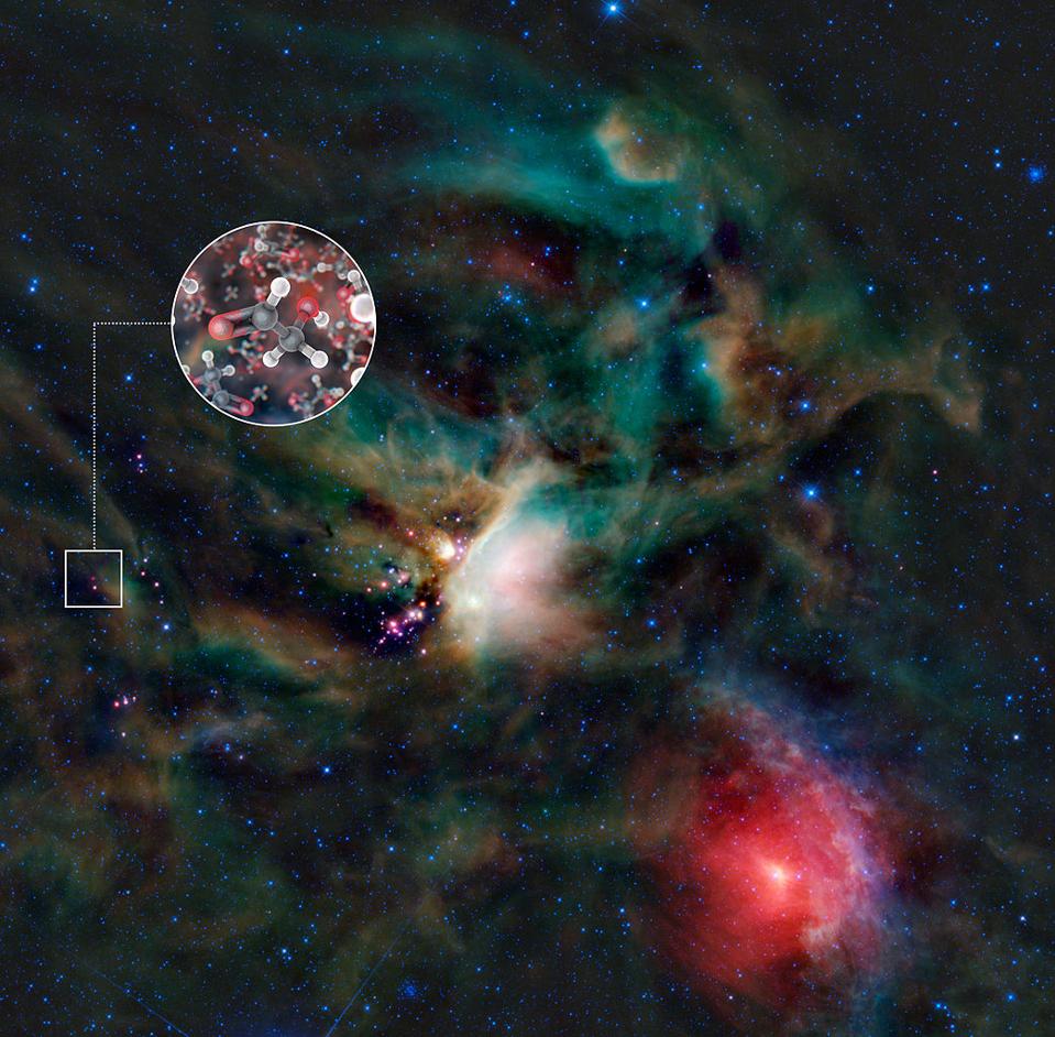 The presence of glycoaldehydes, a set of simple sugars, in an interstellar gas cloud.