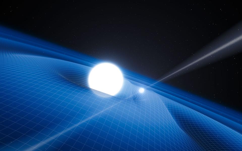 Pulsar shown with a binary companion and the corresponding ripples in spacetime.