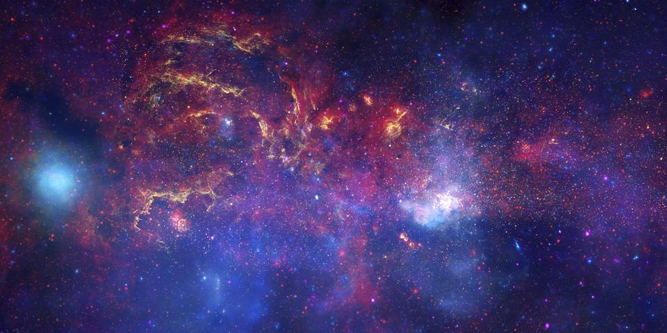 Multiwavelength view of the Milky Way's center, including X-ray, infrared and radio waves.