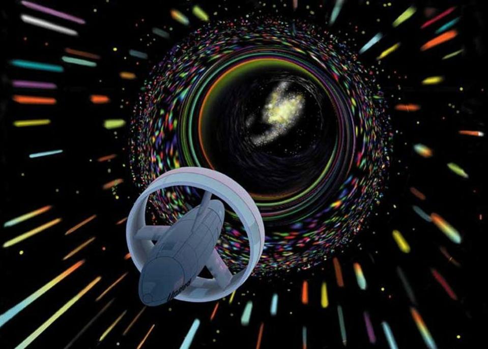 An artist's conception of a starship making use of the Alcubierre drive.