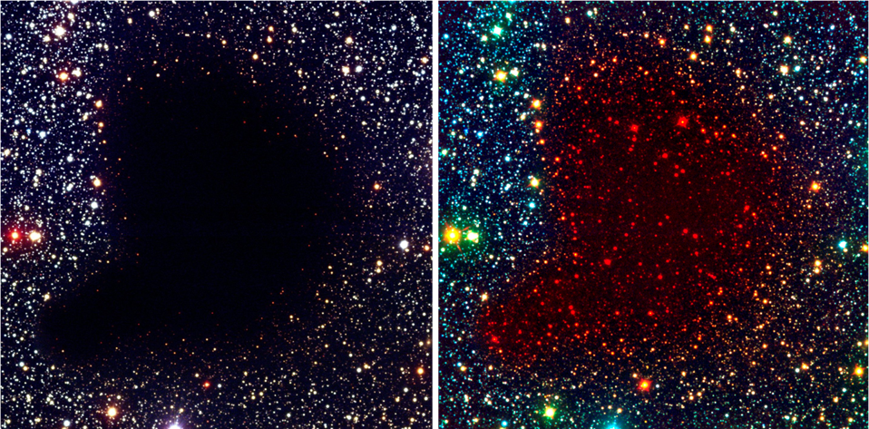 Visible (left) and infrared (right) views of the dust-rich Bok globule, Barnard 68.