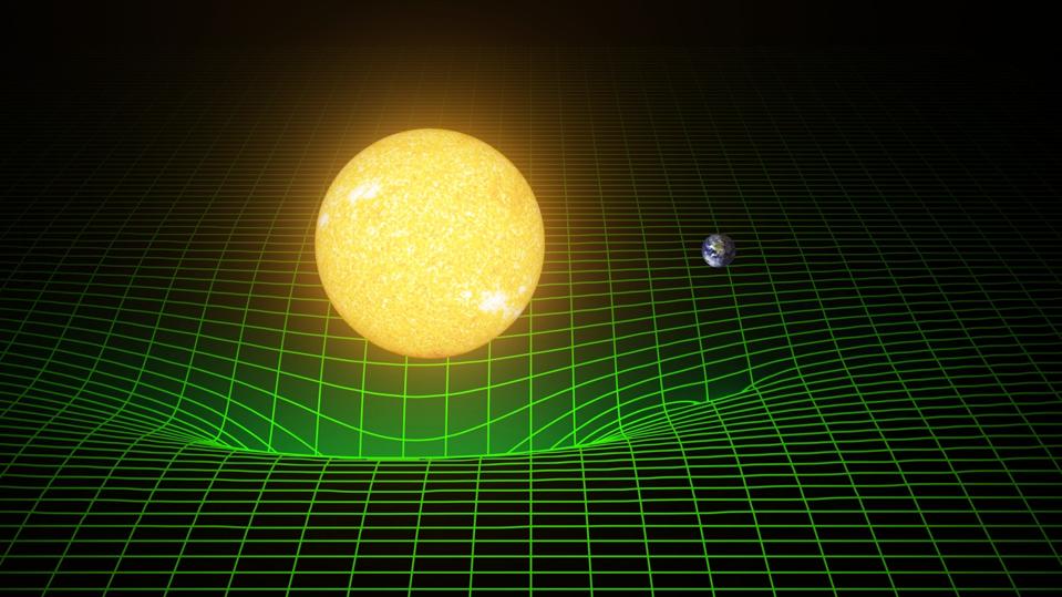 Earth traveling through the curved spacetime induced by the Sun.