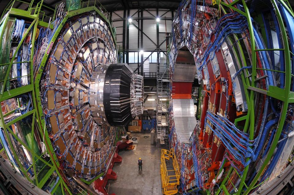 The CMS Collaboration's detector is shown prior to final assembly here.