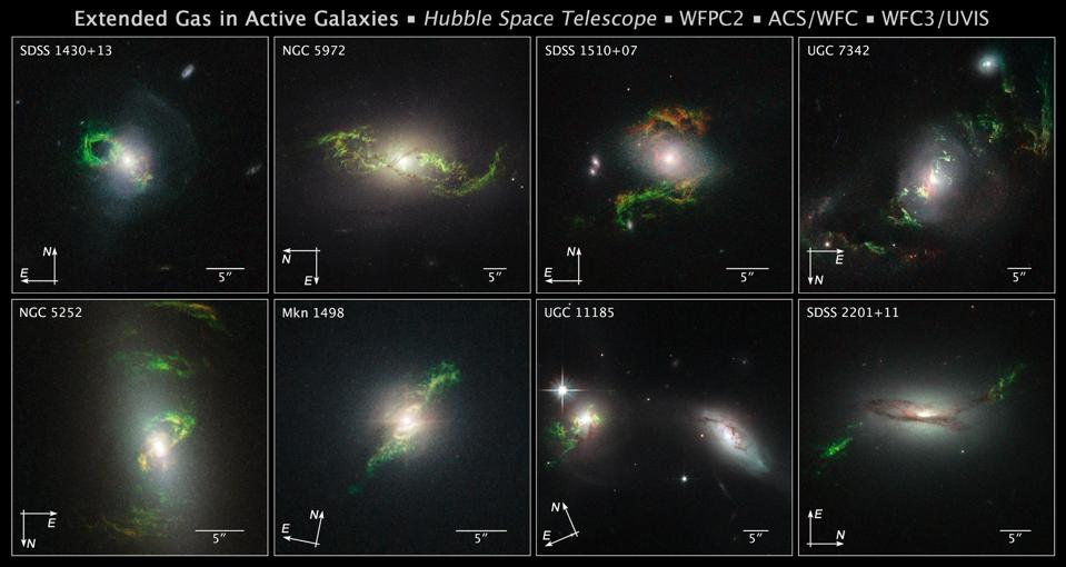 Modern 'green pea' galaxies with their doubly-ionized oxygen emission.